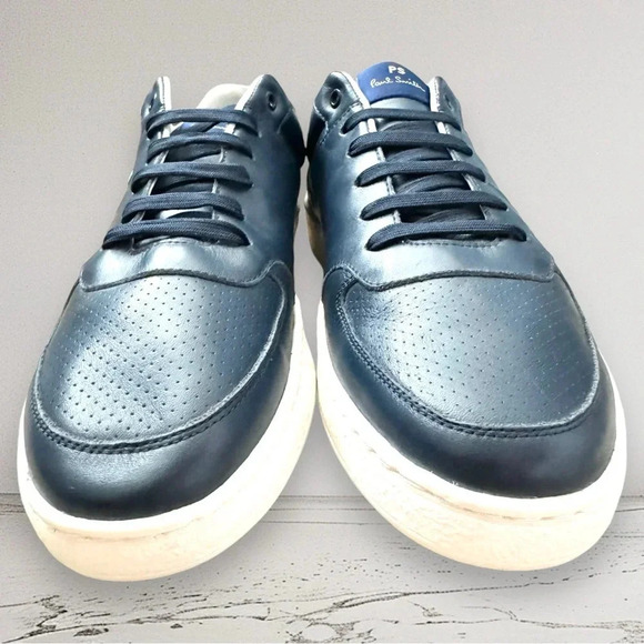 NEW PAUL SMITH Leather Saturn Trainers Sneakers Dark Navy Rainbow Stripe 8 - Picture 6 of 11